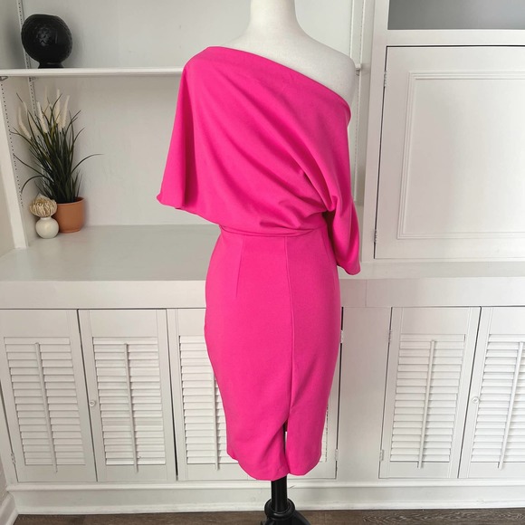 Alexia Admor Hot Pink Drape Shoulder Cocktail Sheath Dress Size M - Picture 5 of 9